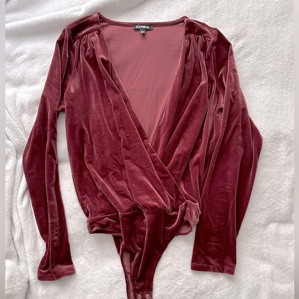 Express Burgundy Velvet Long Sleeve Low Cut Bodysuit